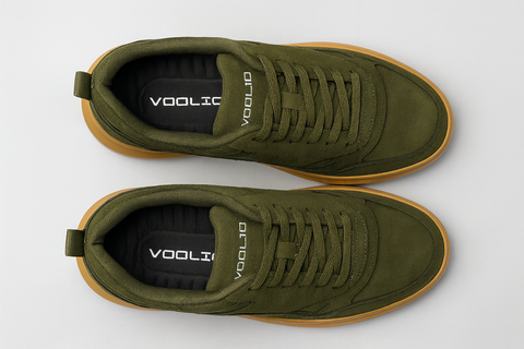 Voolio Olive Luxe Sneakers – Green Suede with Tan Sole