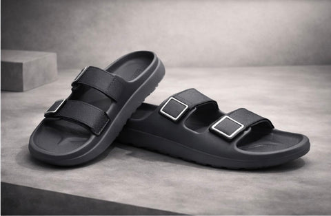 VOOLIO Luxe Dual Strap Comfort Slides for Men & Women | Premium grey Buckle Sandals | Anti-Slip Soft Sole | Everyday Luxury Wear